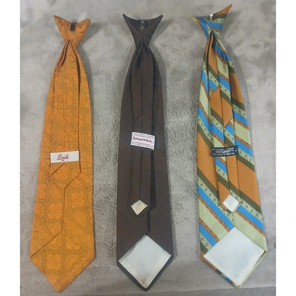 Vintage Lot of 3 Clip On Ties Quik Tie Snapper Orange Brown Striped Floral Retro